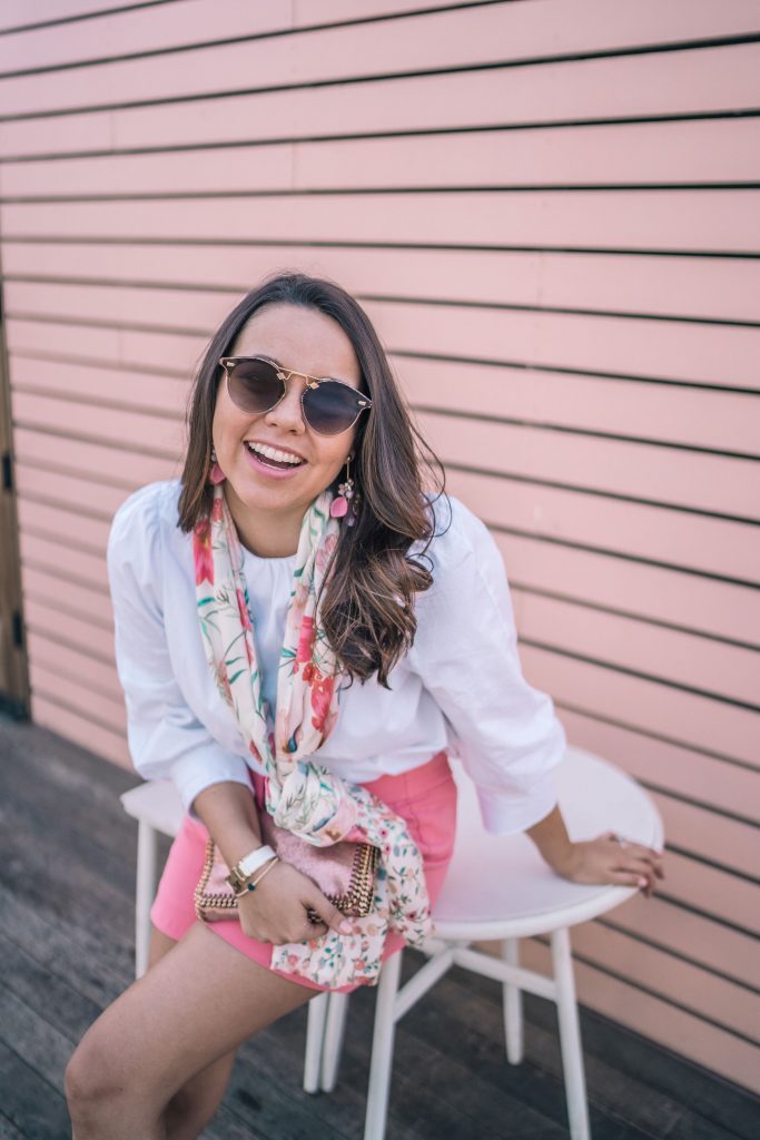 Kate Spade floral scarf and pink crepe shorts