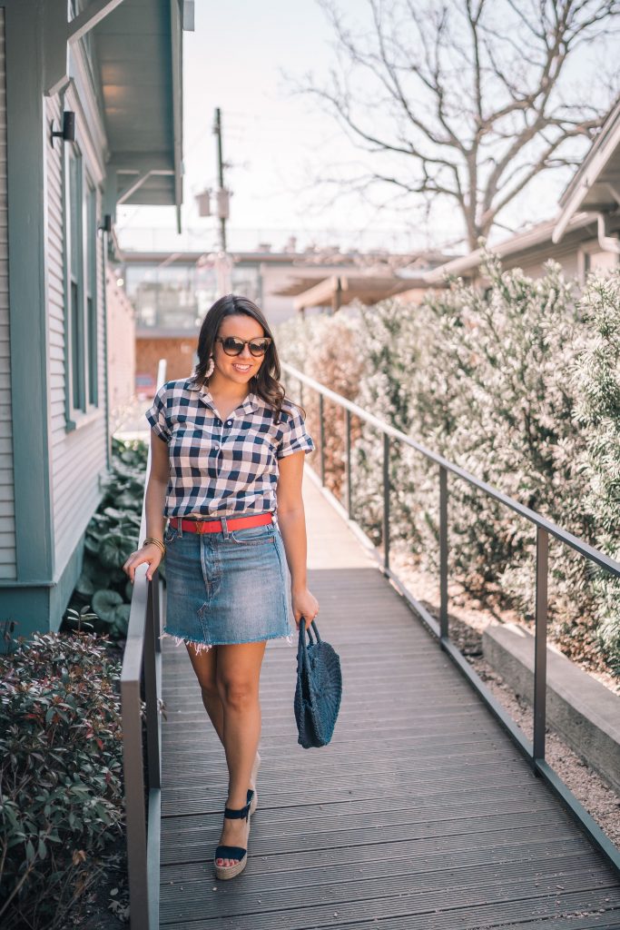 gingham popover blouse, denim skirt 