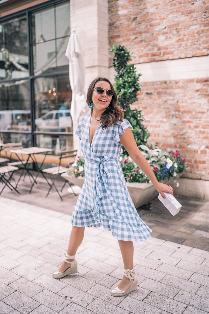 Feminine blue gingham wrap dress for Easter | Girl Wonder Life