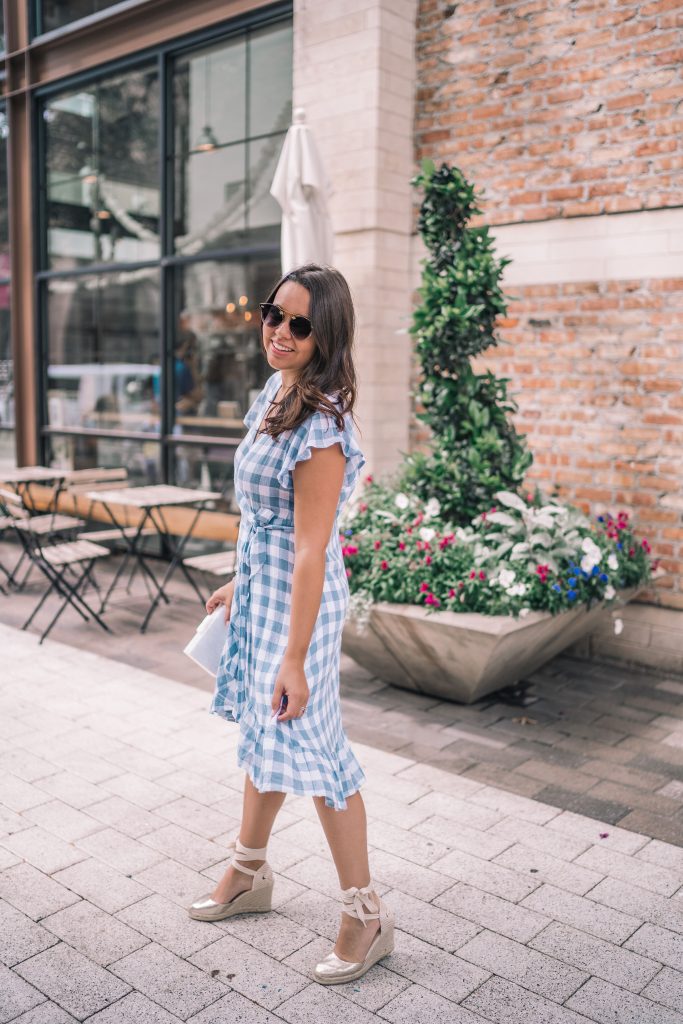 Ruffle sleeve gingham wrap dress, lace-up espadrille wedges