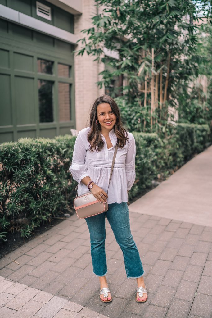White pintuck blouse and denim uniform | Girl Wonder Life