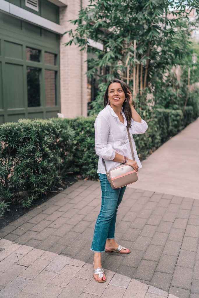 White pintuck blouse and denim uniform for spring and summer