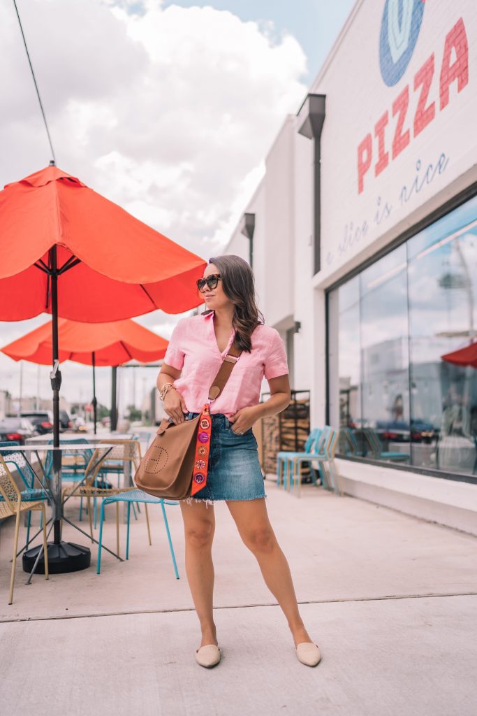 Levi's denim skirt and woven raffia slip-on mules