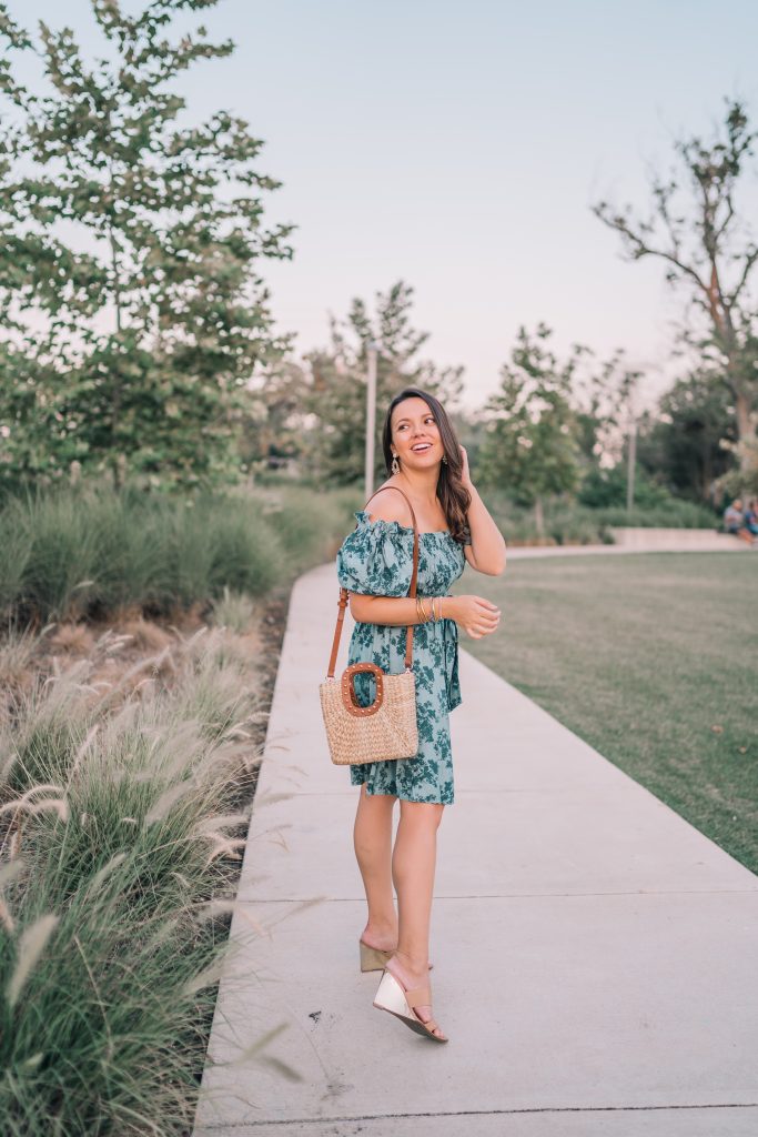 Floral print smocked off the shoulder dress