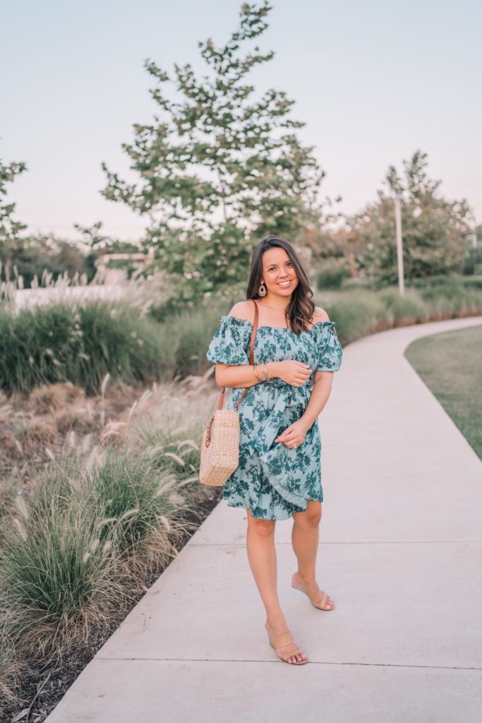 smocked off the shoulder floral print dress