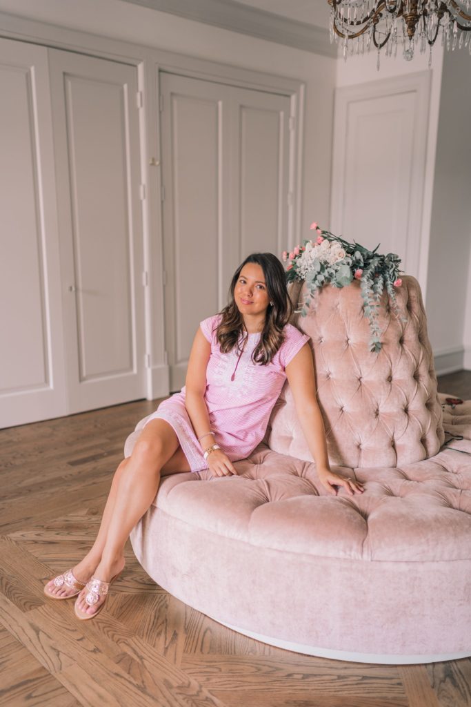 Pink velvet settee, Creative Chateau Houston, Texas