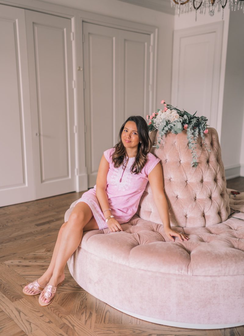Pink velvet settee, Creative Chateau Houston, Texas