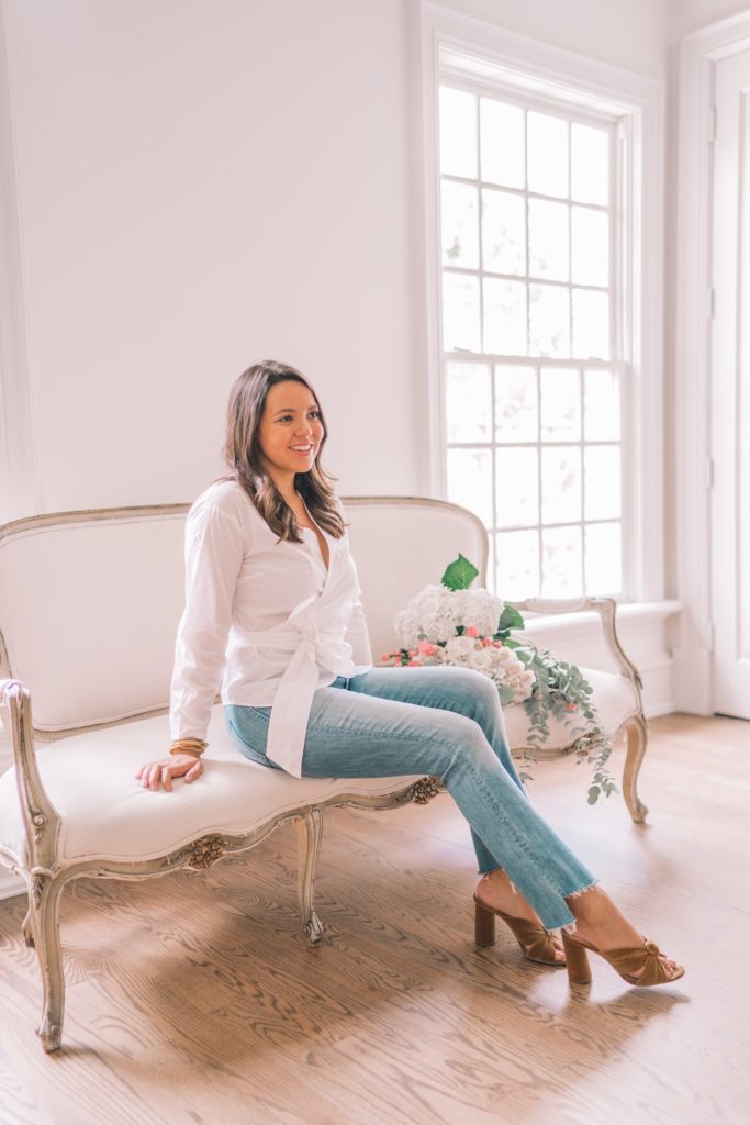 Classic white wrap top for multiple occasions