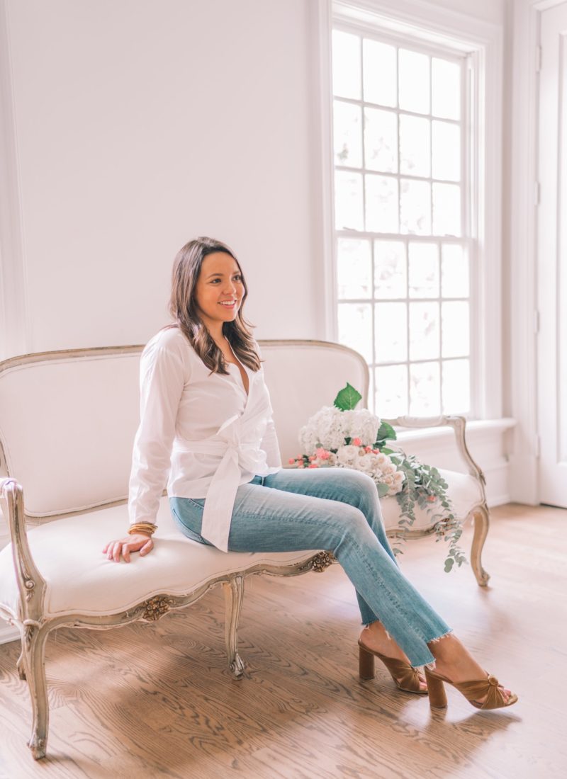 Classic white wrap top blouse for multiple occasions