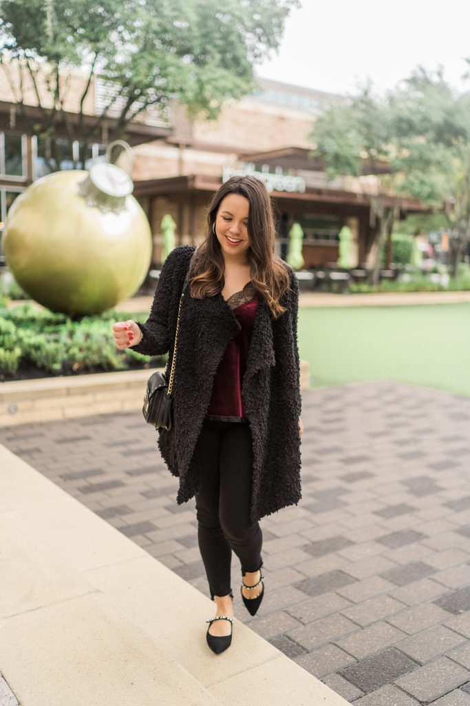 Casual holiday outfit idea, fuzzy sweater and velvet camisole