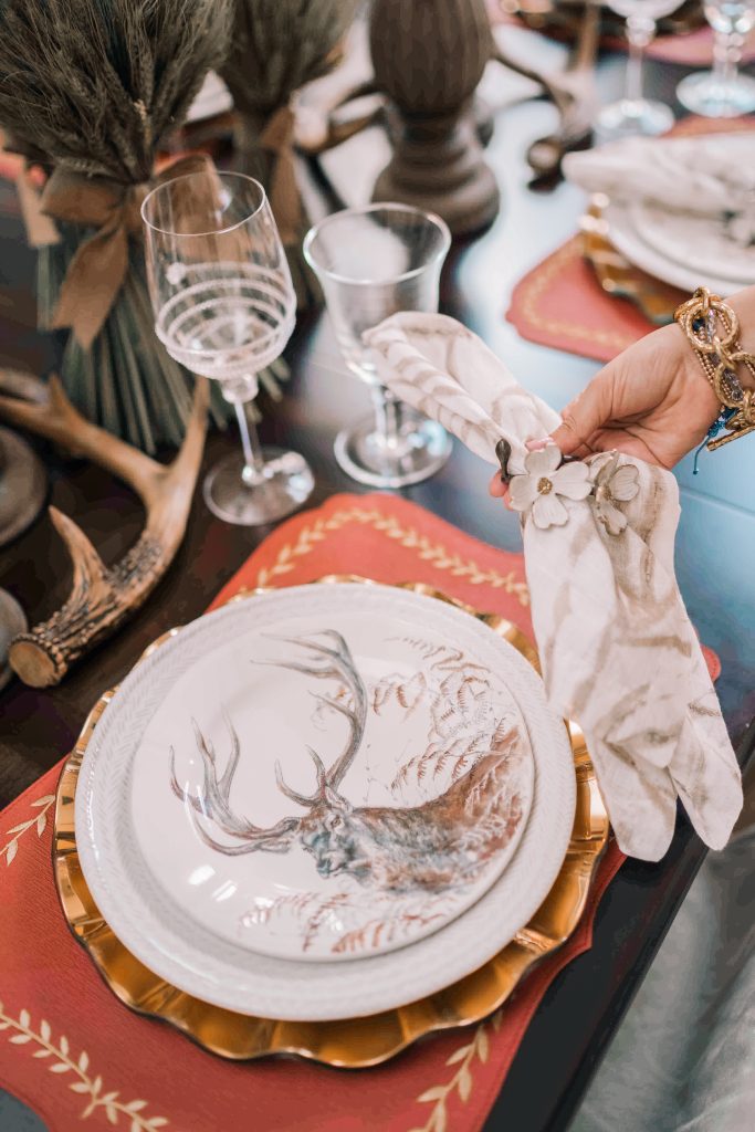 Fall table featuring Gien France Stag Dessert plates, Annie Glass chargers