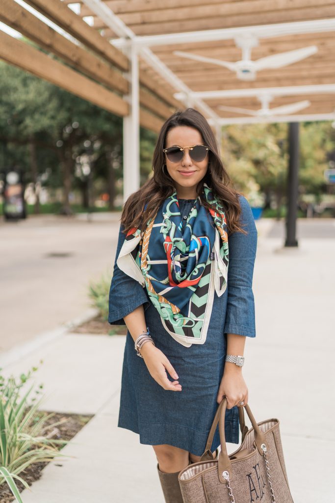 Printed horse bit scarf and denim dress