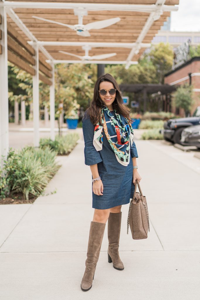 Printed scarf and Draper James chambray denim shift dress 