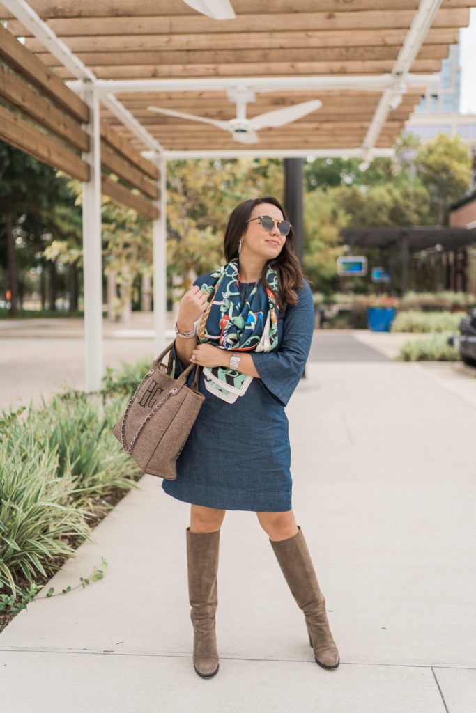 Denim dress and suede knee-high heeled boots 