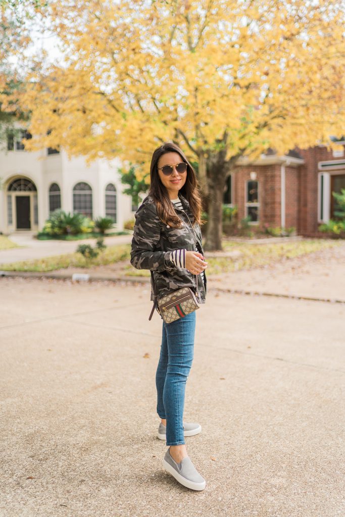 Camo prints and stripes pattern mixing | Adored by Alex
