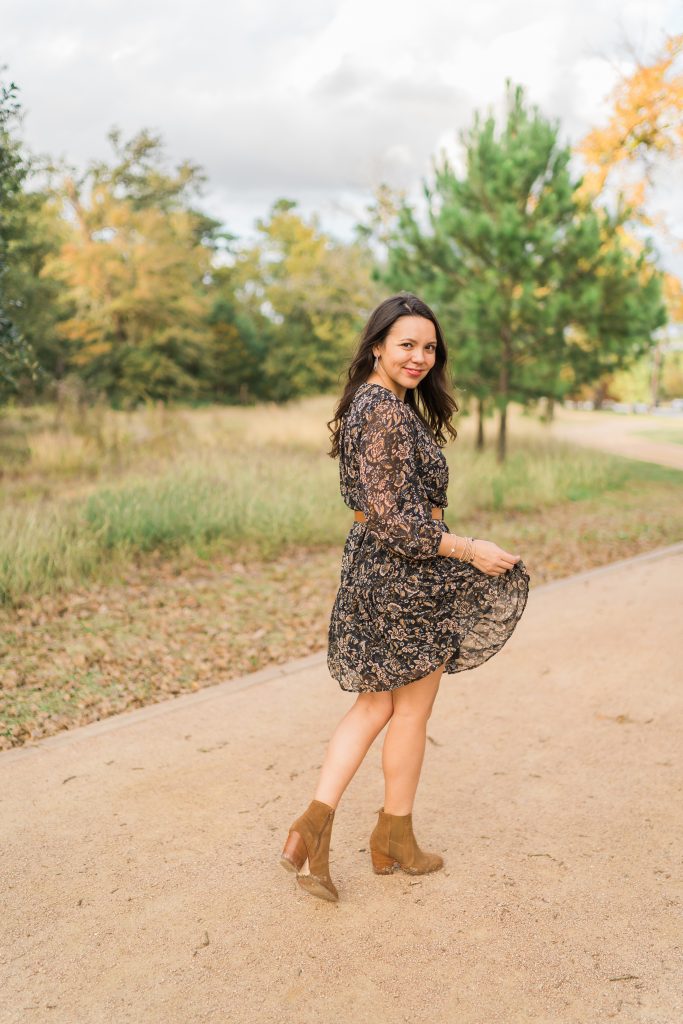 Budget-friendly winter printed dress and booties 