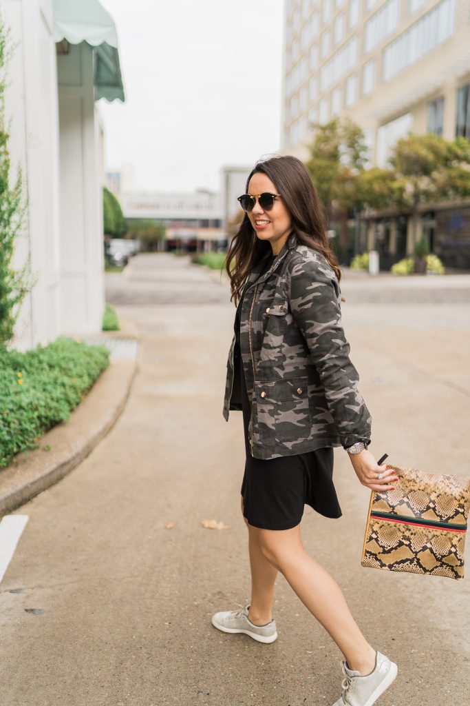 Pattern mixing outfit ideas, Clare V. clutch