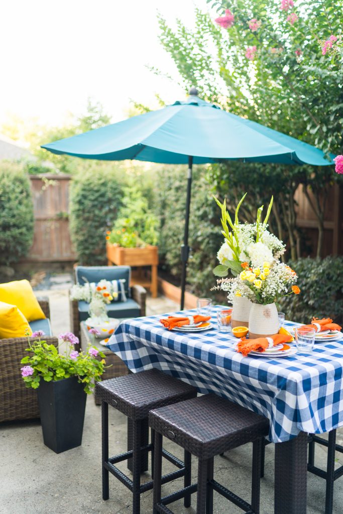 Citrus inspired preppy tablescape and patio