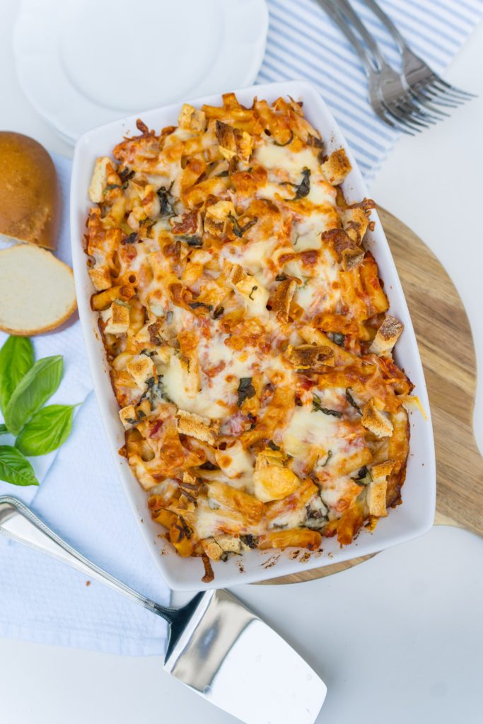 Chicken parmesan baked ziti dish