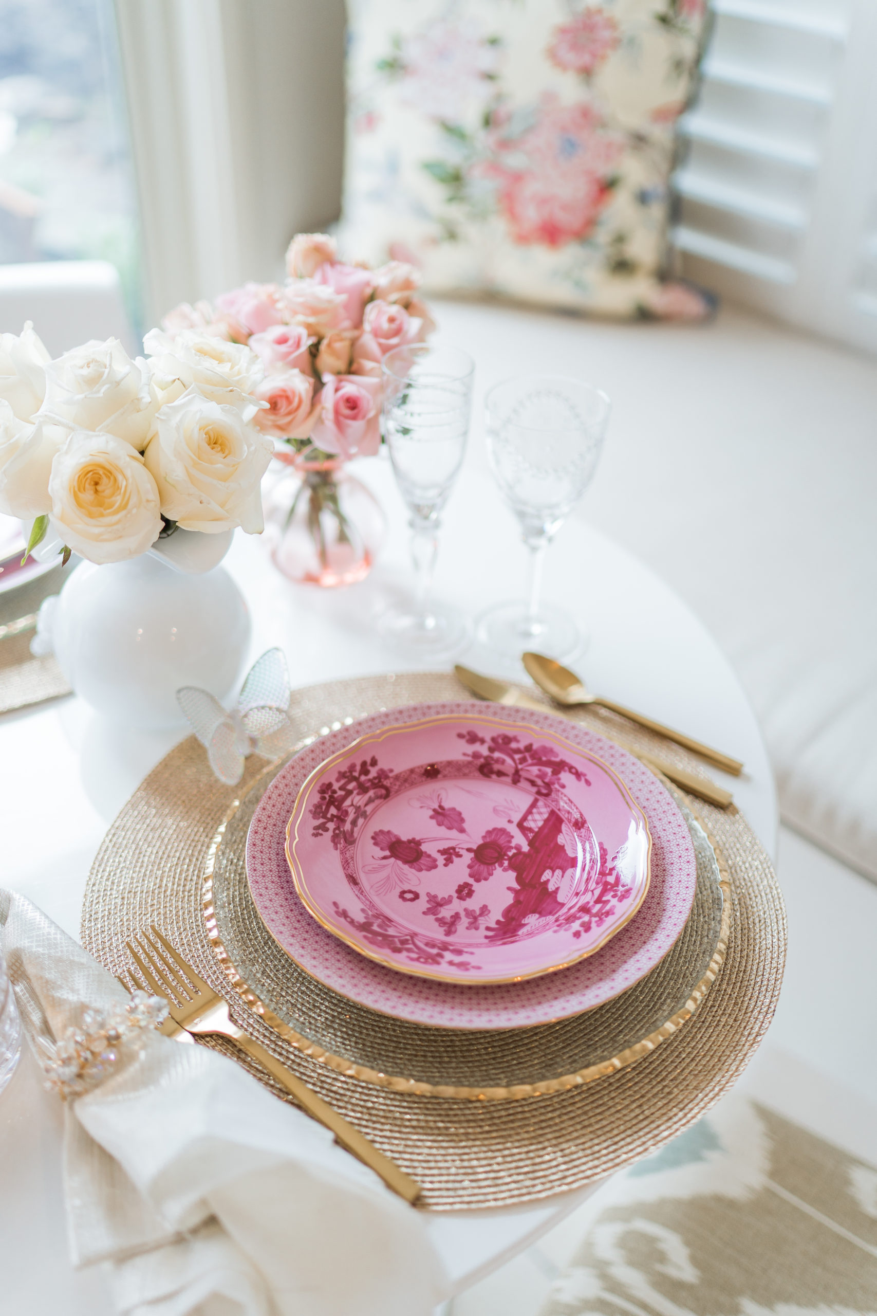 Pink & gold Valentine's Day tablescape for two