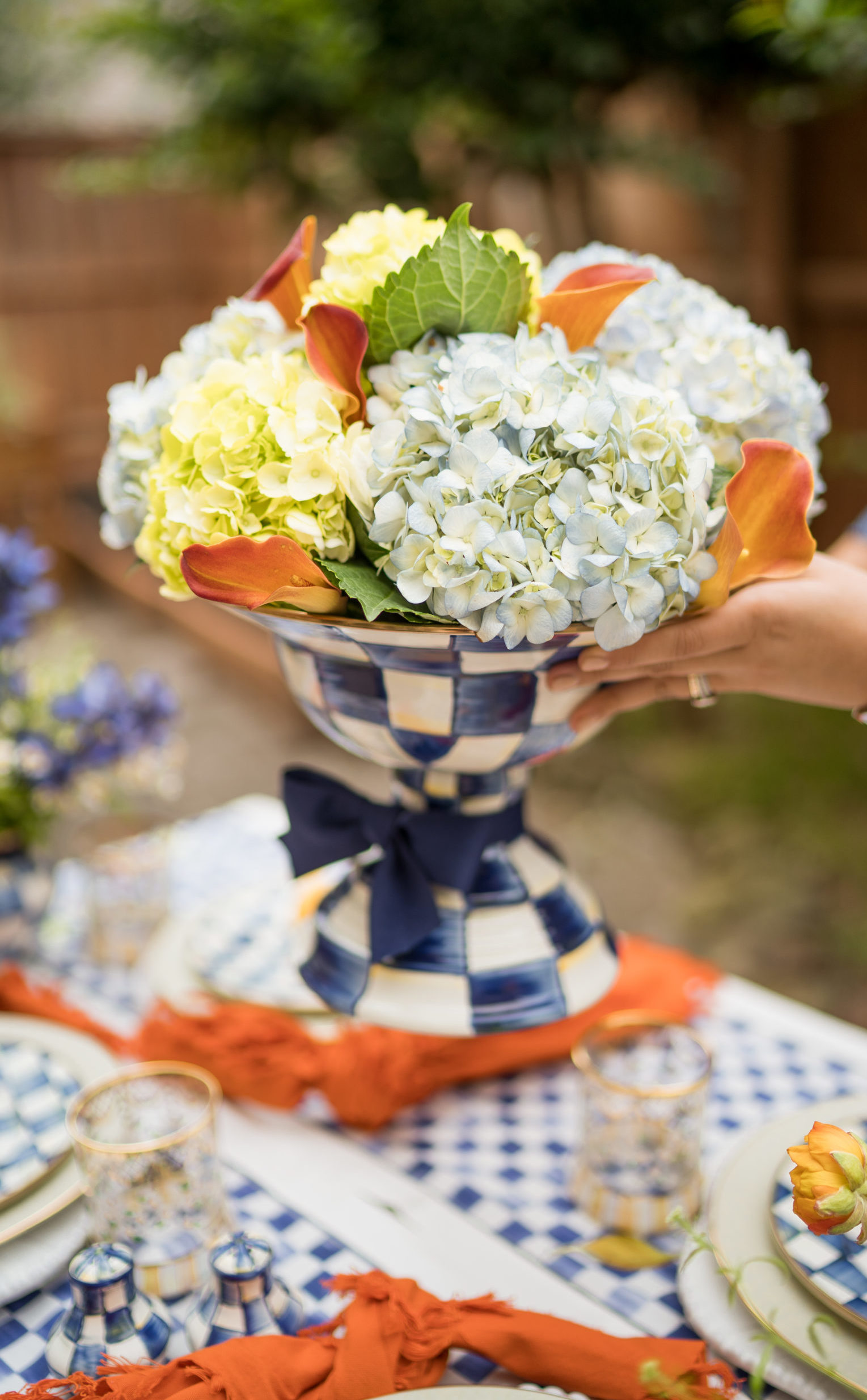 DIY hydrangea and lily floral centerpiece