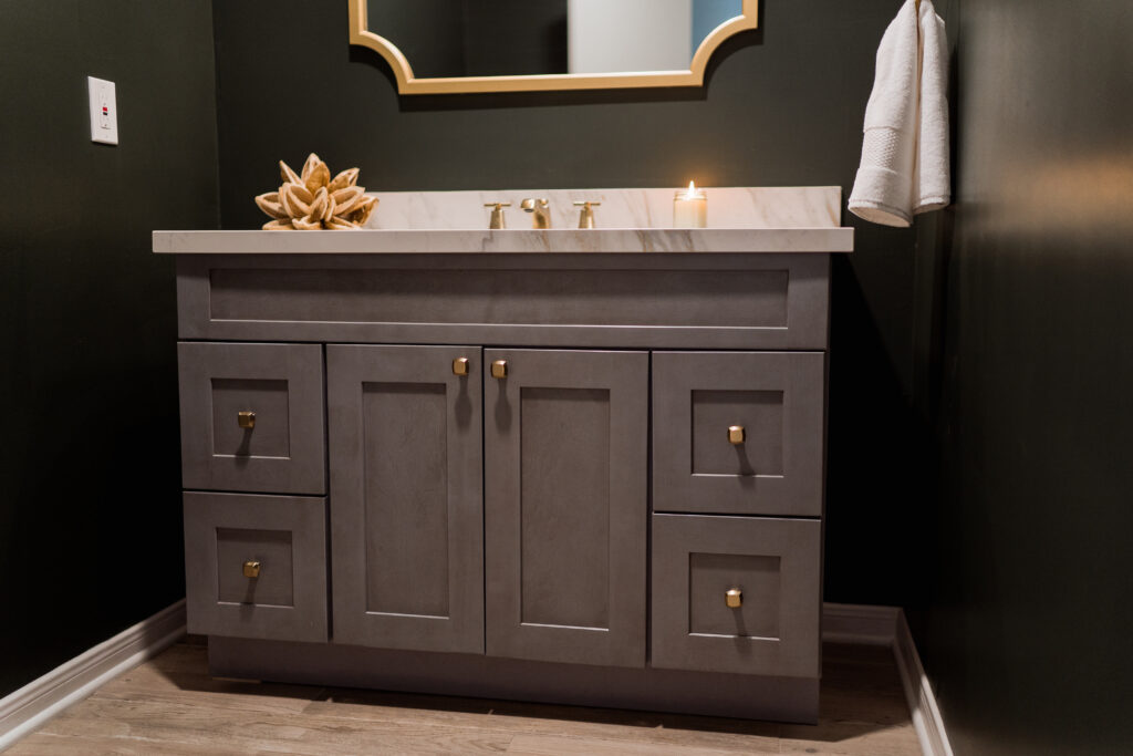 42" vanity cabinet with gold hardware for a sophisticated bathroom | Adored by Alex