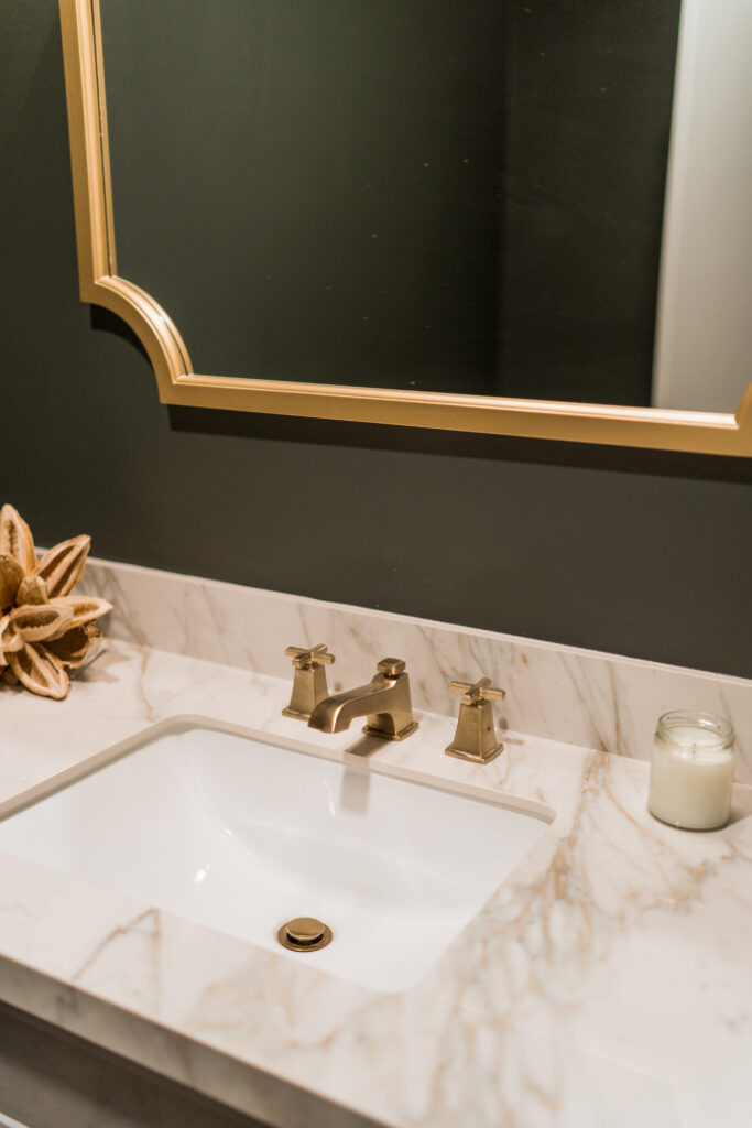 Gold hardware and accents powder bathroom | Adored by Alex