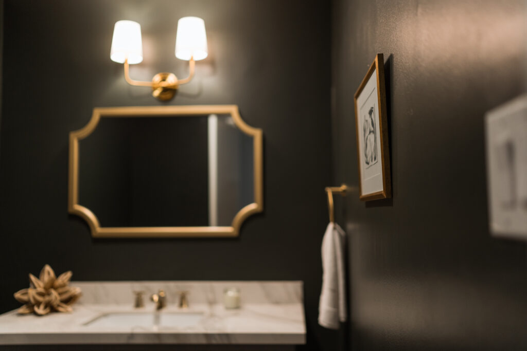 Sherwin Williams Ripe Olive walls for sophisticate bathroom update | Adored by Alex