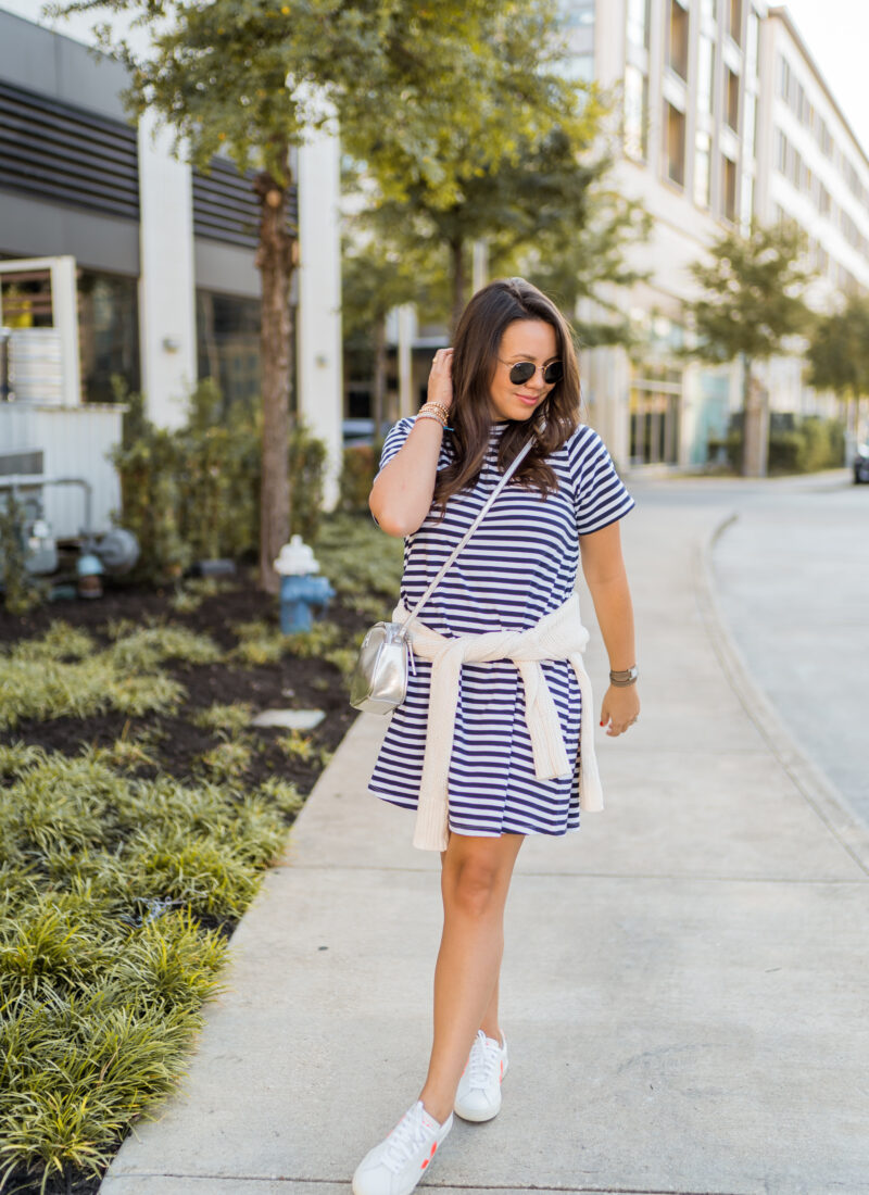 Tuckernuck striped t-shirt dress and Veja Esplar sneakers | Girl Wonder Life