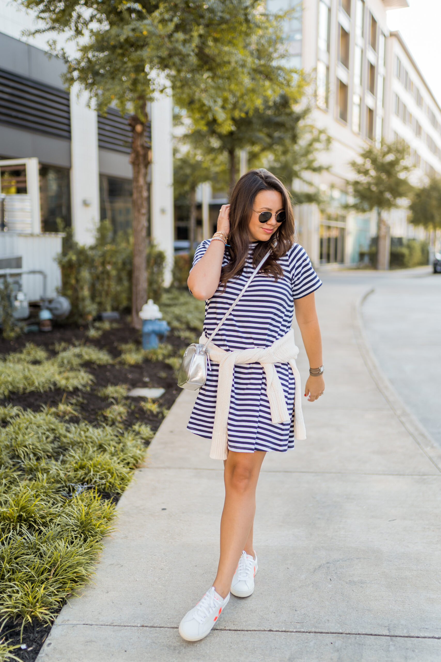 Tuckernuck striped t-shirt dress and Veja Esplar sneakers | Girl Wonder Life
