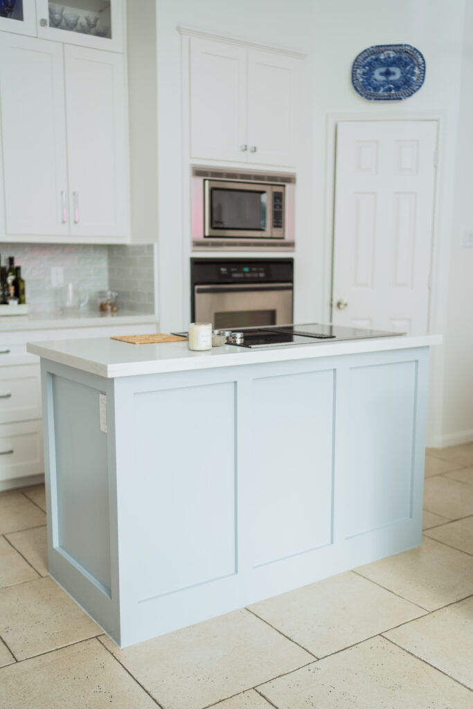 Paneled kitchen island update with Sherwin Williams Krypton paint | Girl Wonder Life