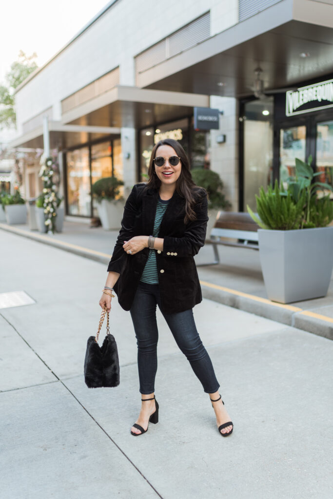 velvet blazer and striped tee for the holidays | Girl Wonder Life