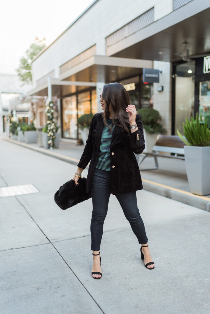 Black velvet blazer and faux fur clutch, affordable fall and winter style ideas | Girl Wonder Life
