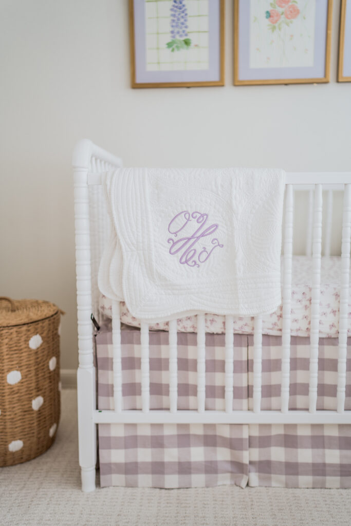 Schumacher lavender gingham fabric for crib bedskirt and monogrammed baby blanket | Girl Wonder Life