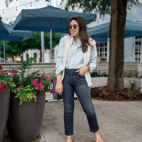 The classic button-down shirt by AYR, the Deep End shirt in stripe is a closet staple paired with Mother Denim and raffia slide mules | Girl Wonder Life