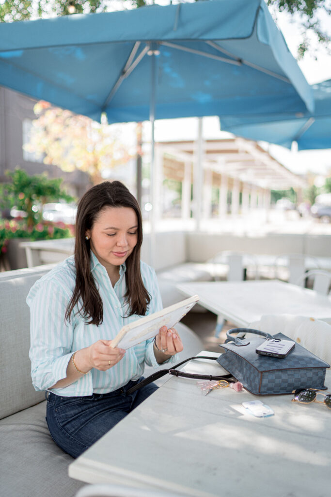 AYR Deep End button-down shirt in blue stripes with a Moreau Paris handbag | Adored by Alex