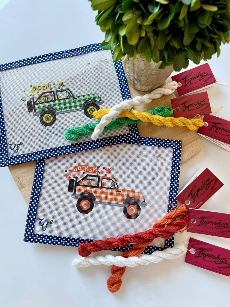 Collegiate needlepoint canvases, college tailgating jeeps by Wipstitch Needleworks | Girl Wonder Life