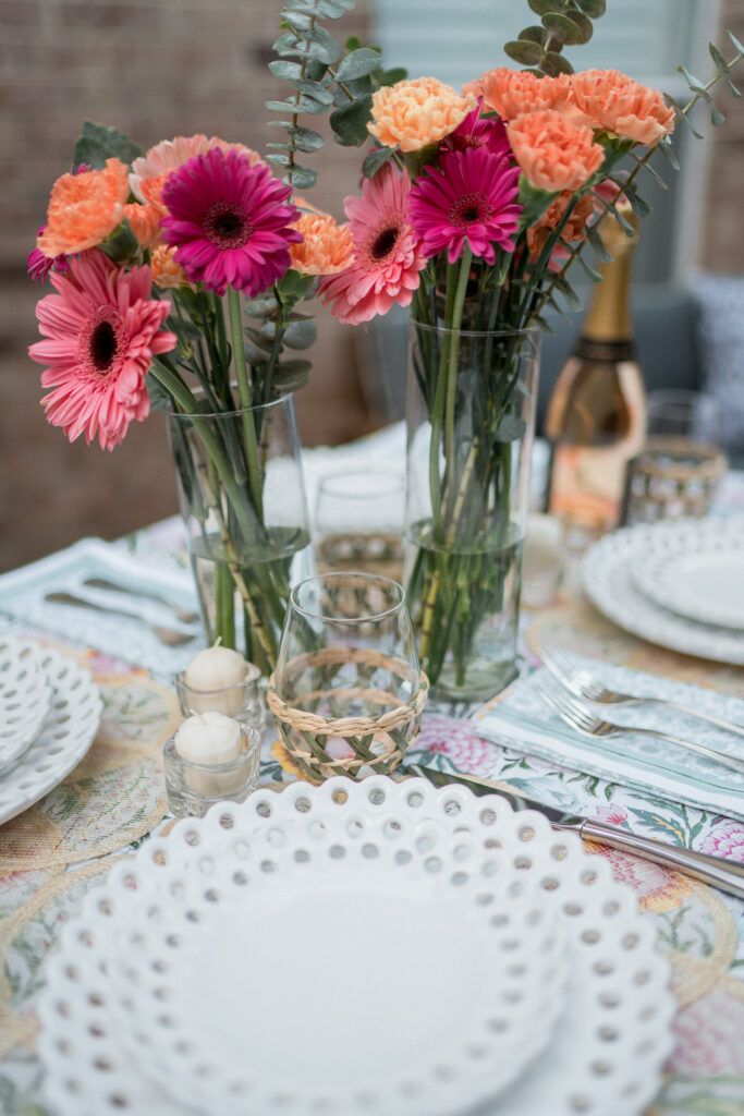 Classic scallop ceramic white dinner and salad plates with blockprint tablecloth and napkins | Girl Wonder Life