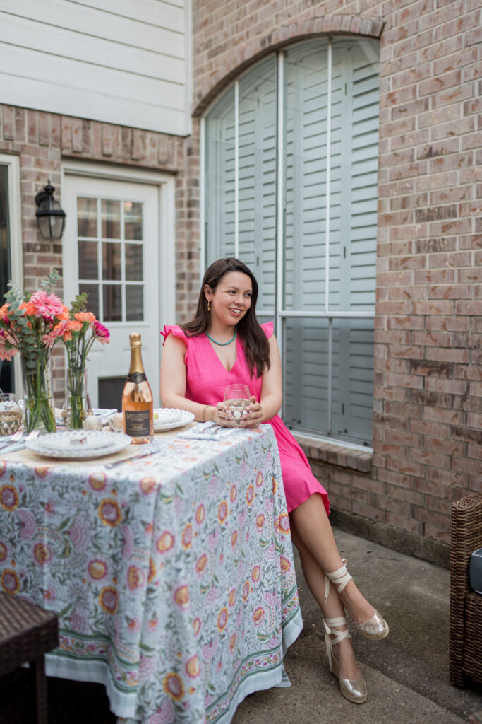 Floral block print oblong table cloth for indoor and outdoor use for summer gatherings and entertaining guests at your home | Girl Wonder Life